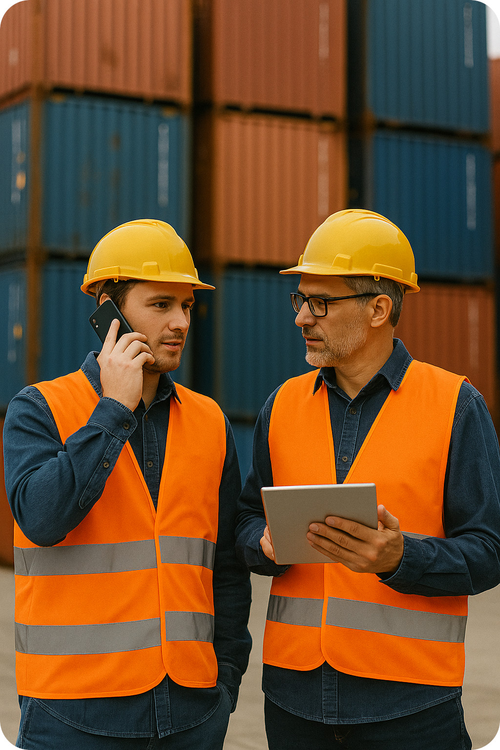 An image of two shipping workers on a phone and tablet coordinating
