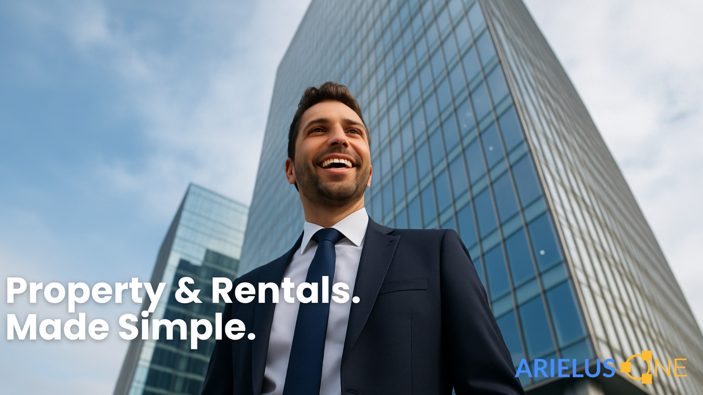 An image of a happy property manager in front of his commercial space