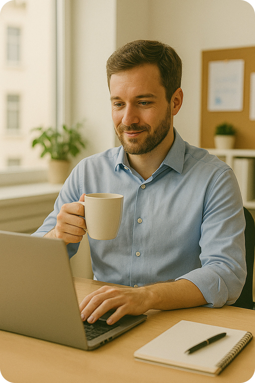 An image of a property manager working on a laptop in a modern office