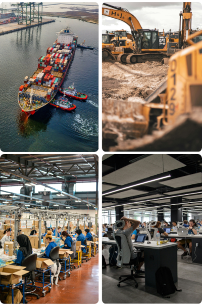 An image of different industries arielusone enterprise caters to. The image shows shipping, construction, manufacturing, and properties as examples.