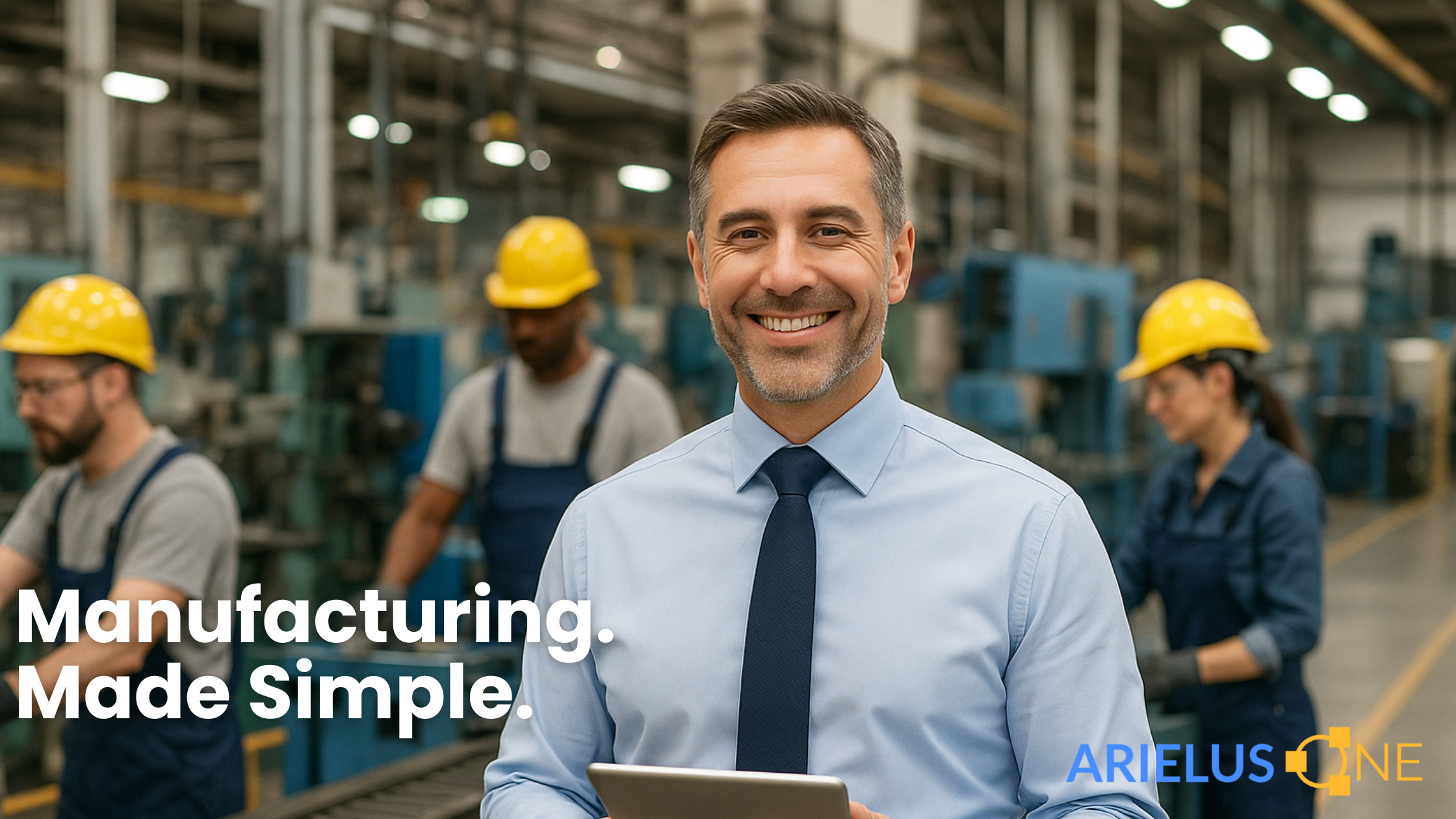 An image of a manufacturing plant with workers and machines