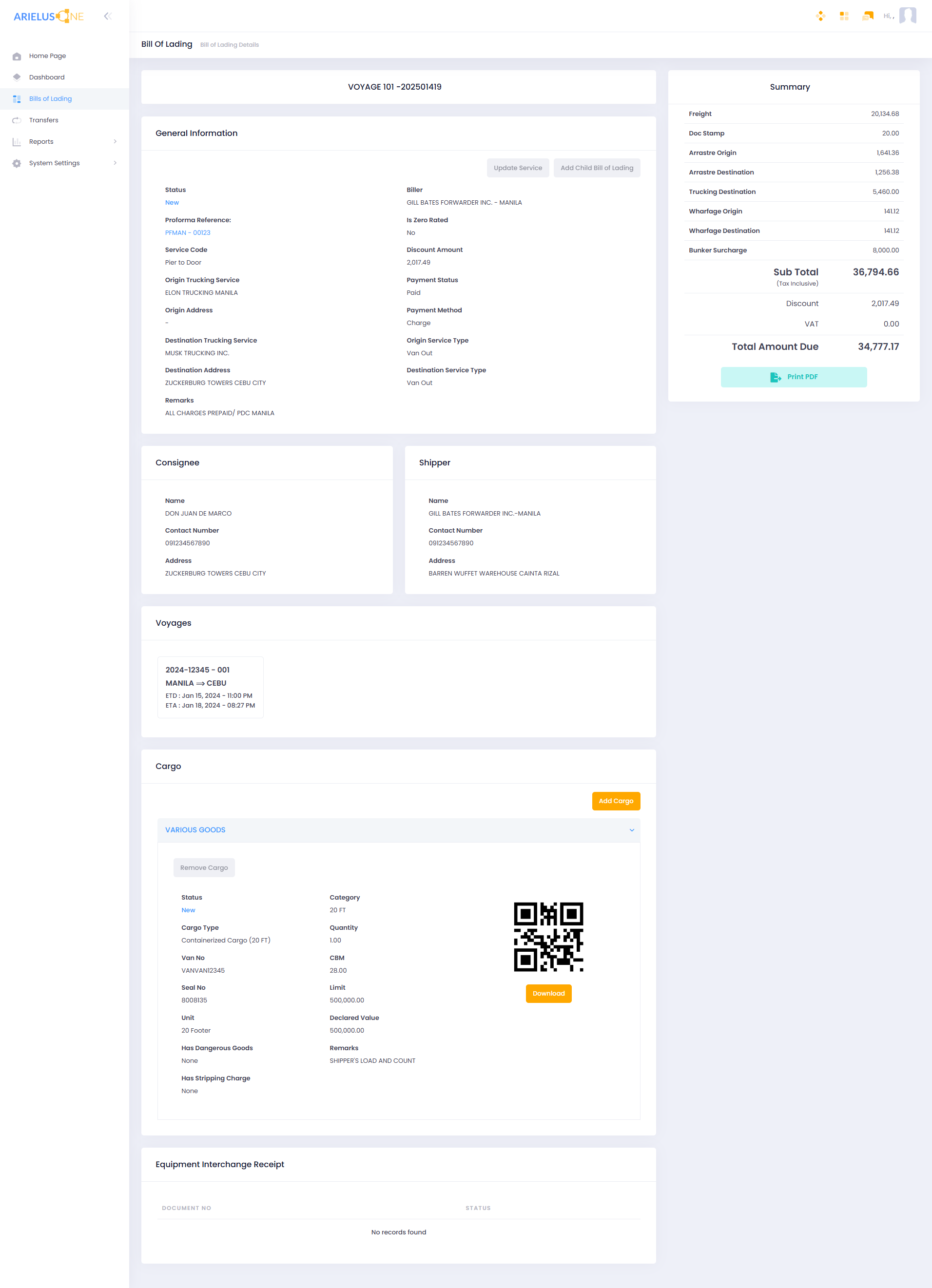 ArielusOne bill of lading with shipment details, consignee, shipper, voyage, cargo QR code, and billing summary
