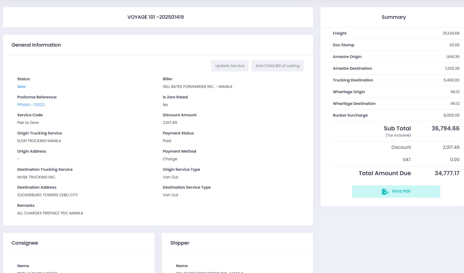 ArielusOne bill of lading screen with service and billing summary information