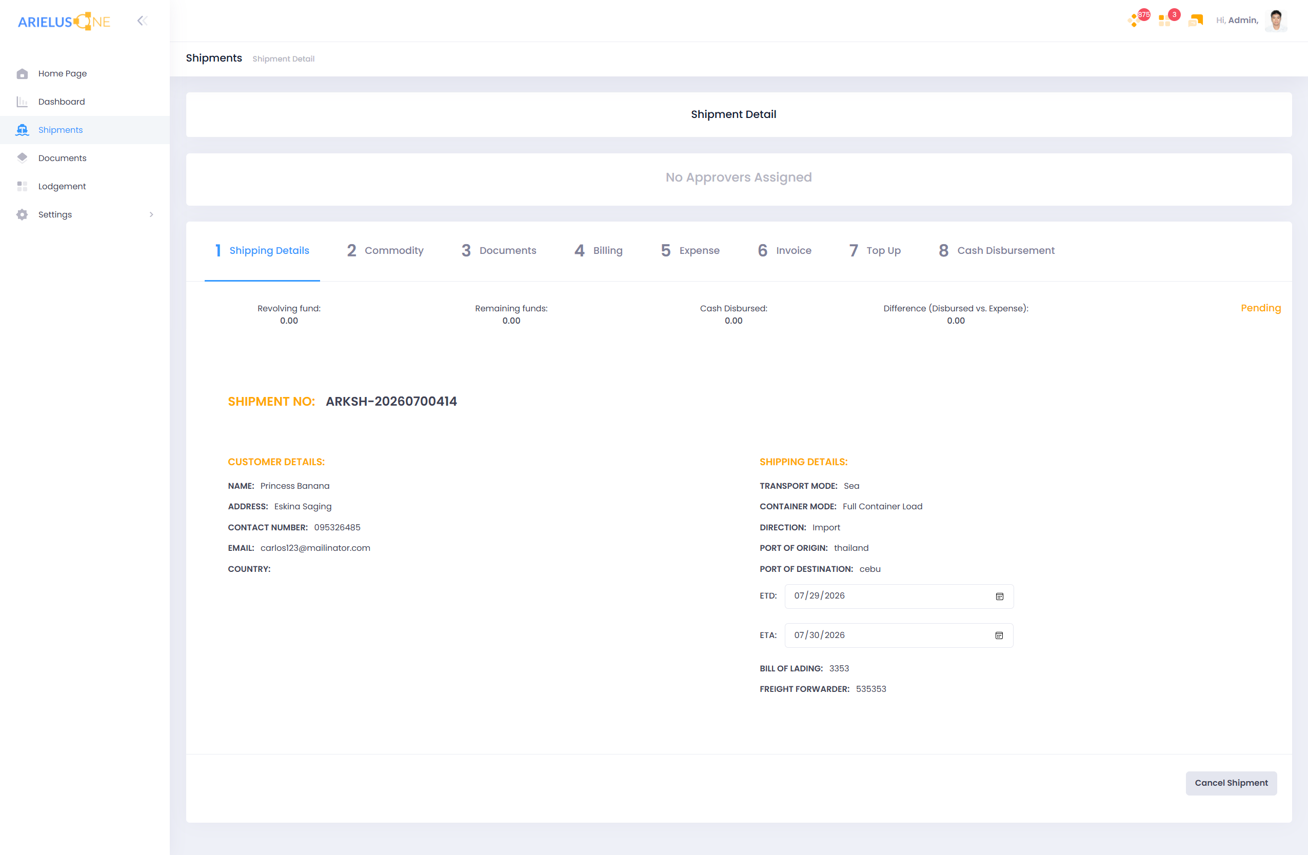 ArielusOne brokerage Shipment Detail with customer details, shipping information, fund summaries, and workflow tabs