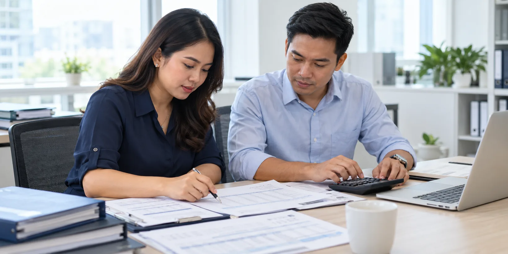 Finance colleagues reviewing financial records with a calculator and laptop