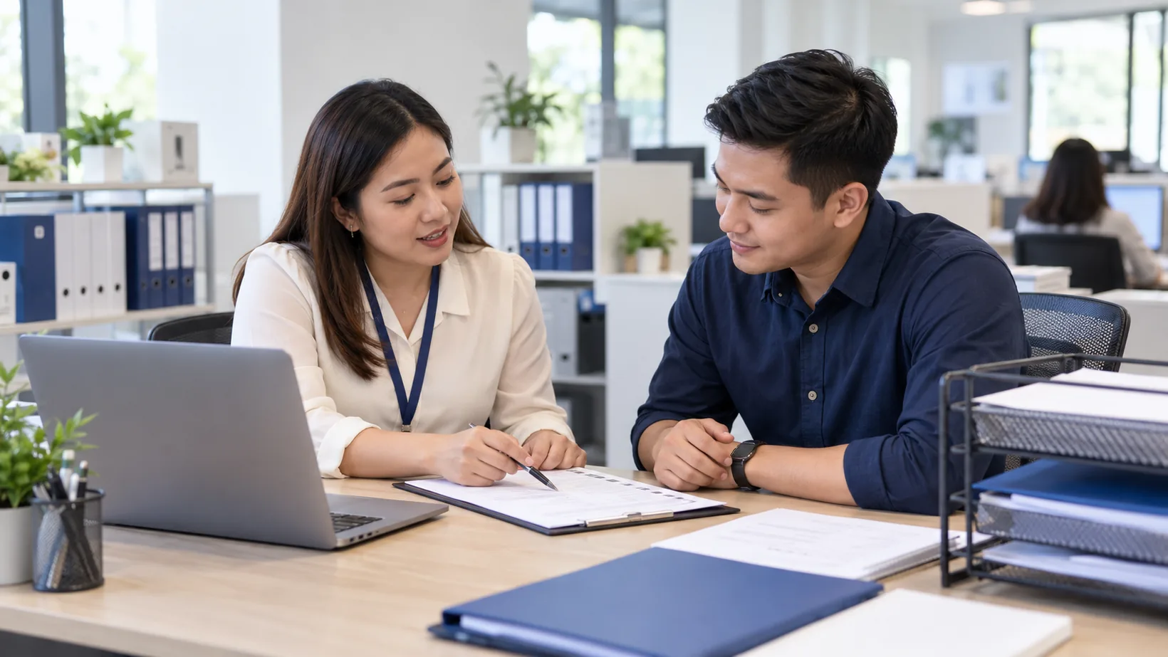 HR administrator reviewing employee onboarding paperwork with a colleague