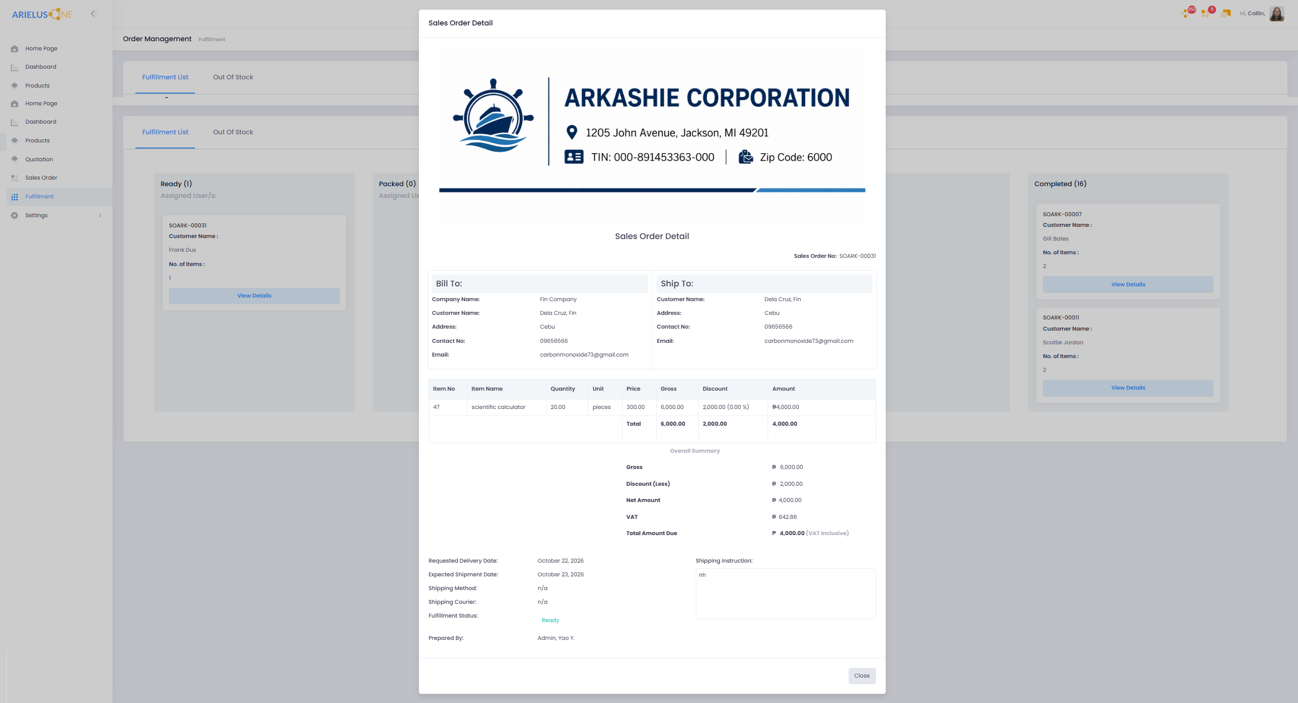 ArielusOne Sales Order Detail displayed over the order fulfillment board