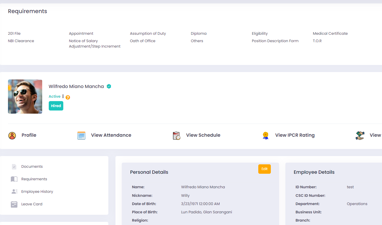 ArielusOne HRIS employee profile screen