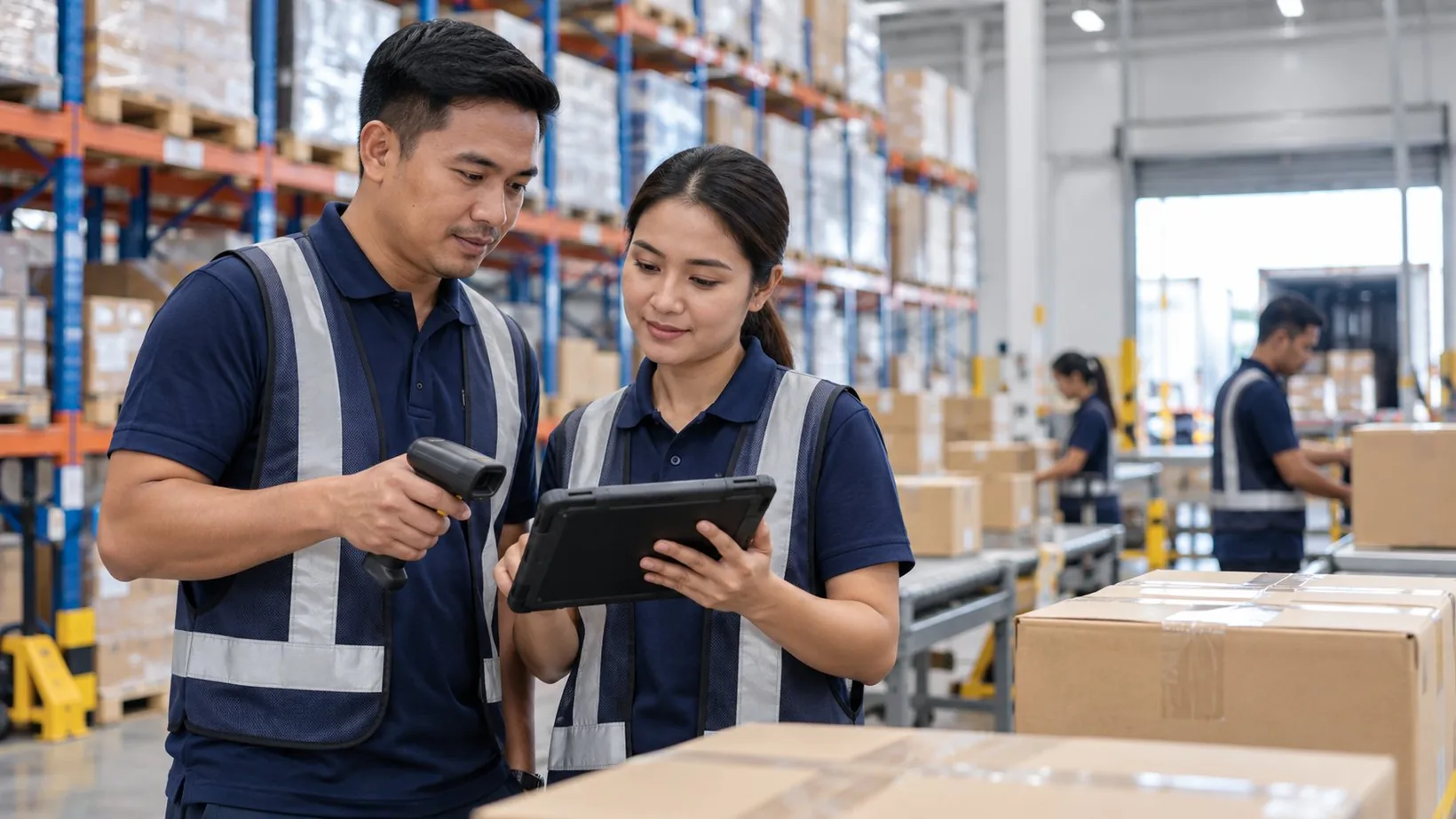 Distribution team reviewing warehouse activity with a handheld scanner