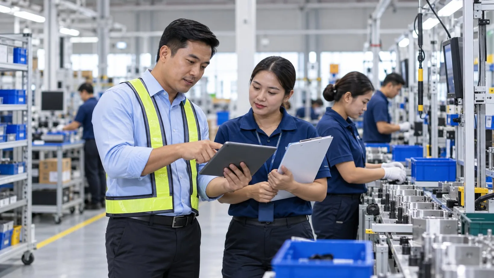 Manufacturing operations team reviewing production work