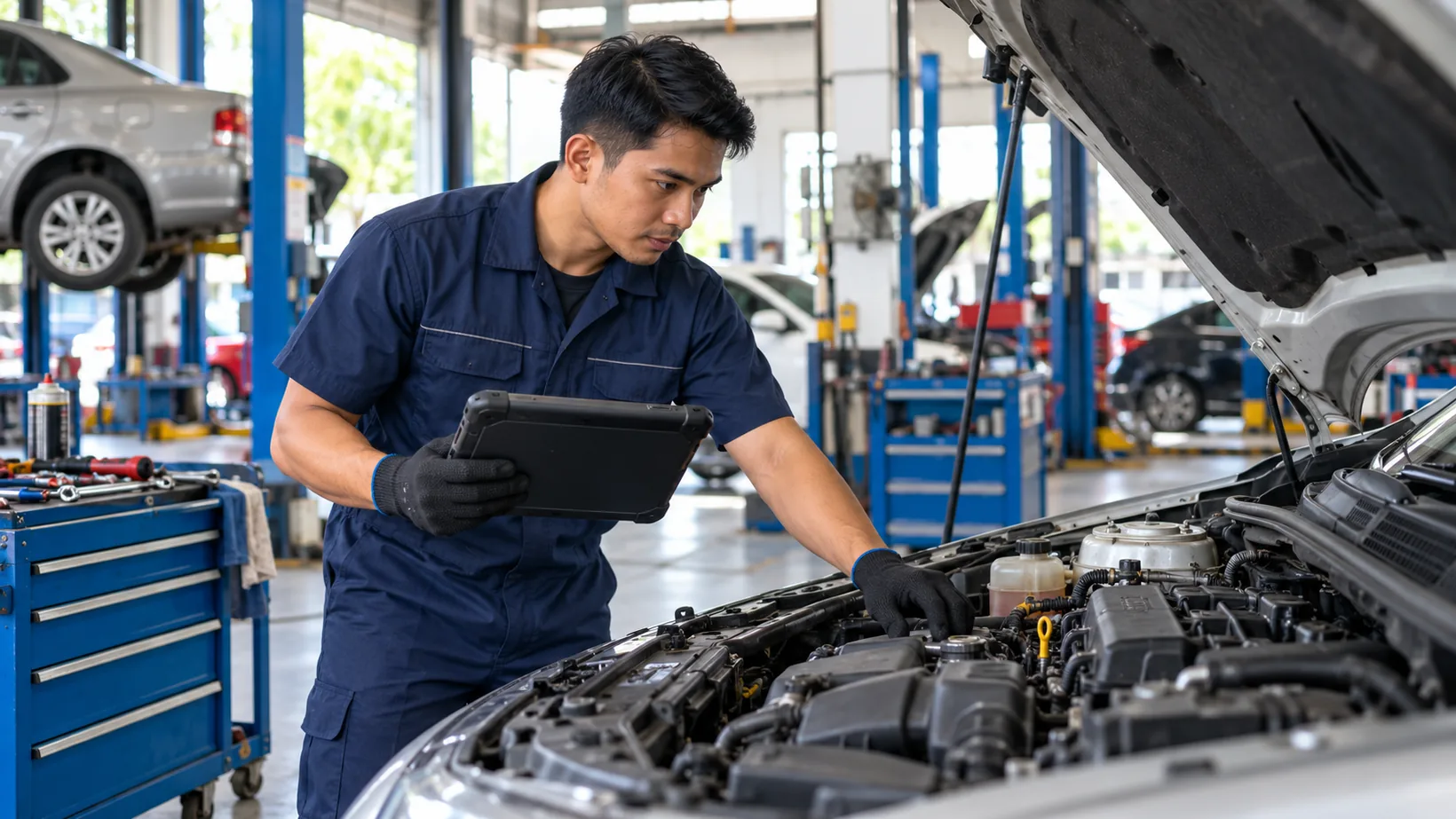Auto mechanic using a diagnostic tablet beside an open car engine in a service shop