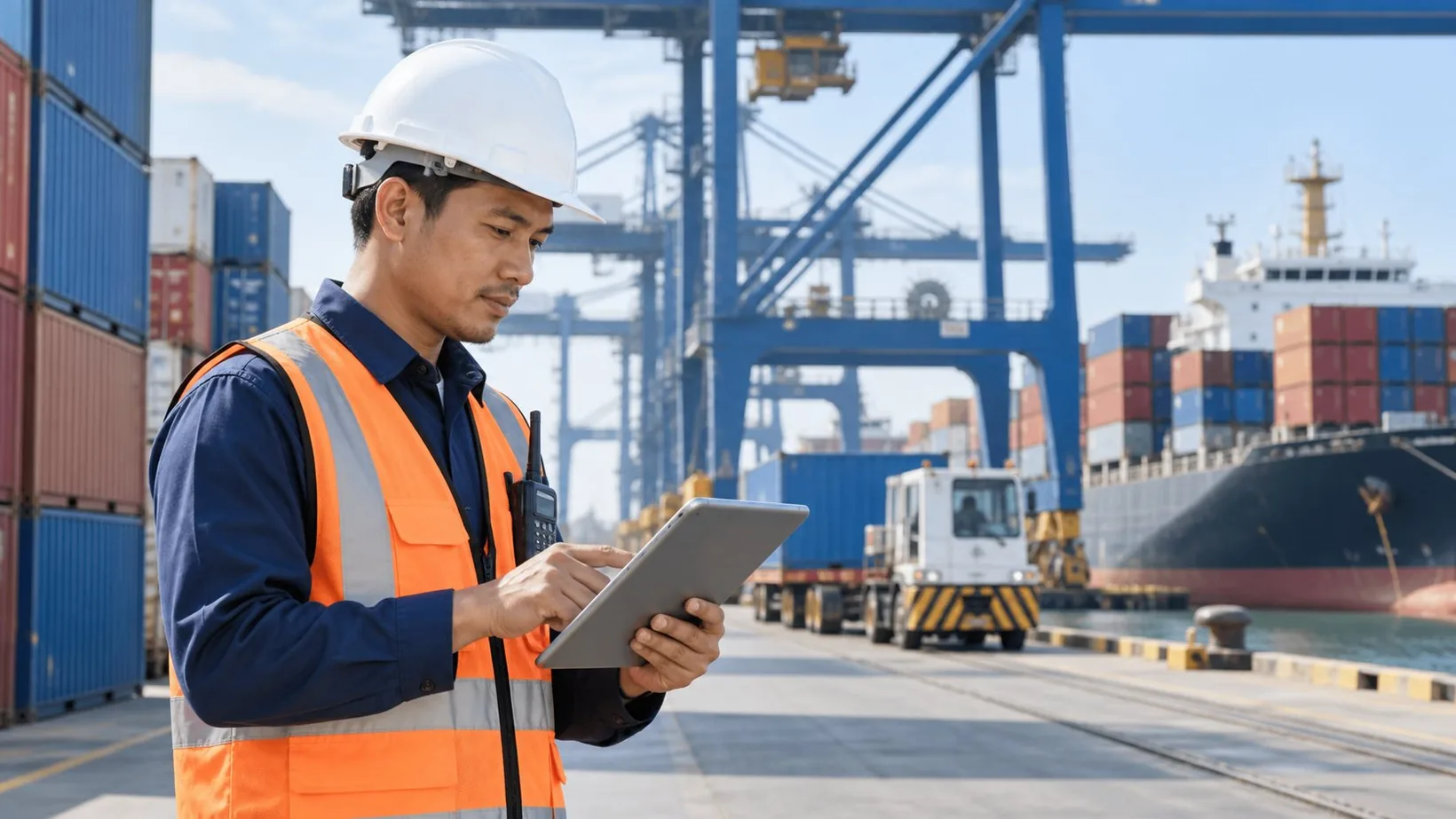 Shipping operations professional using a tablet at a port