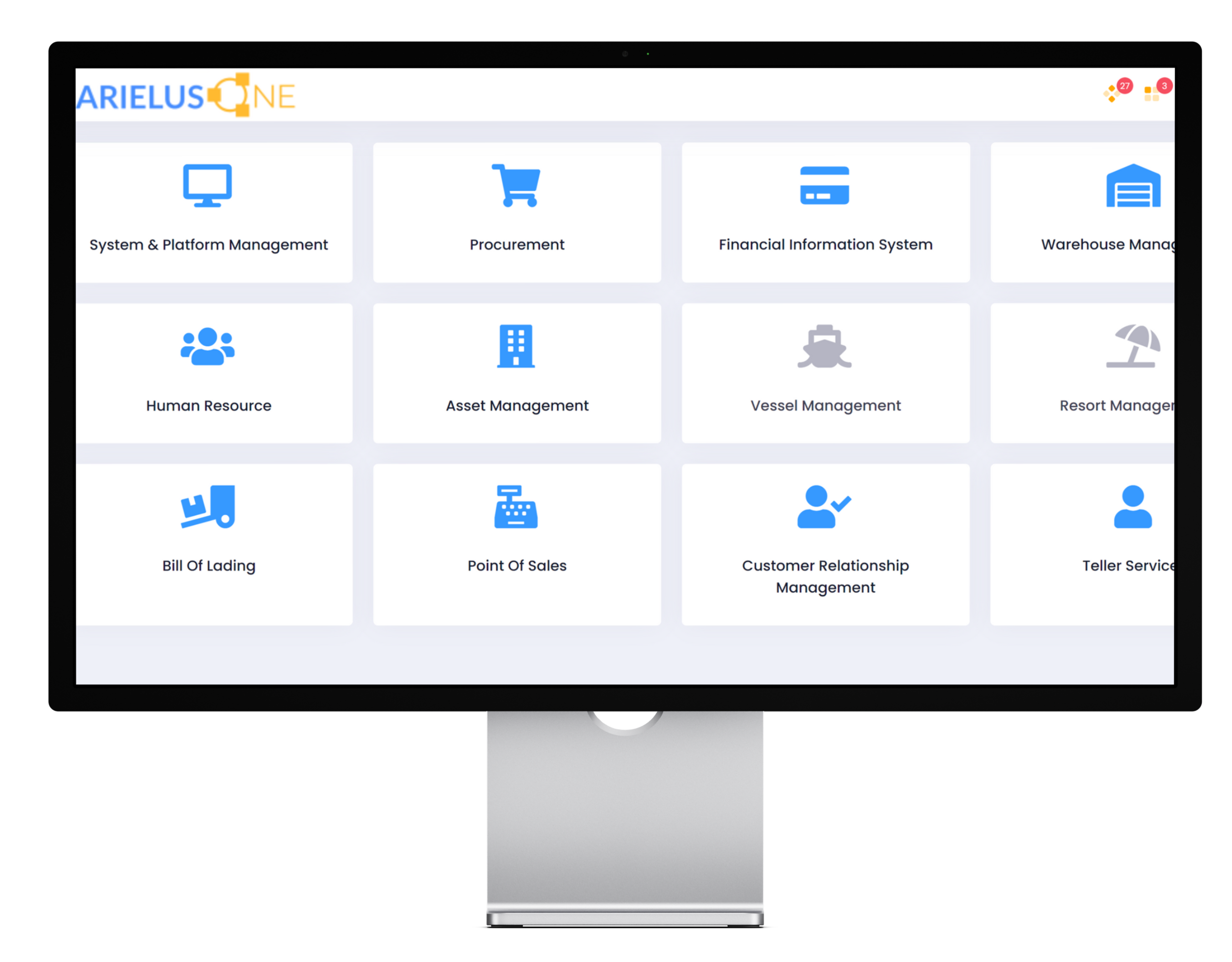 ArielusOne module dashboard showing connected business systems