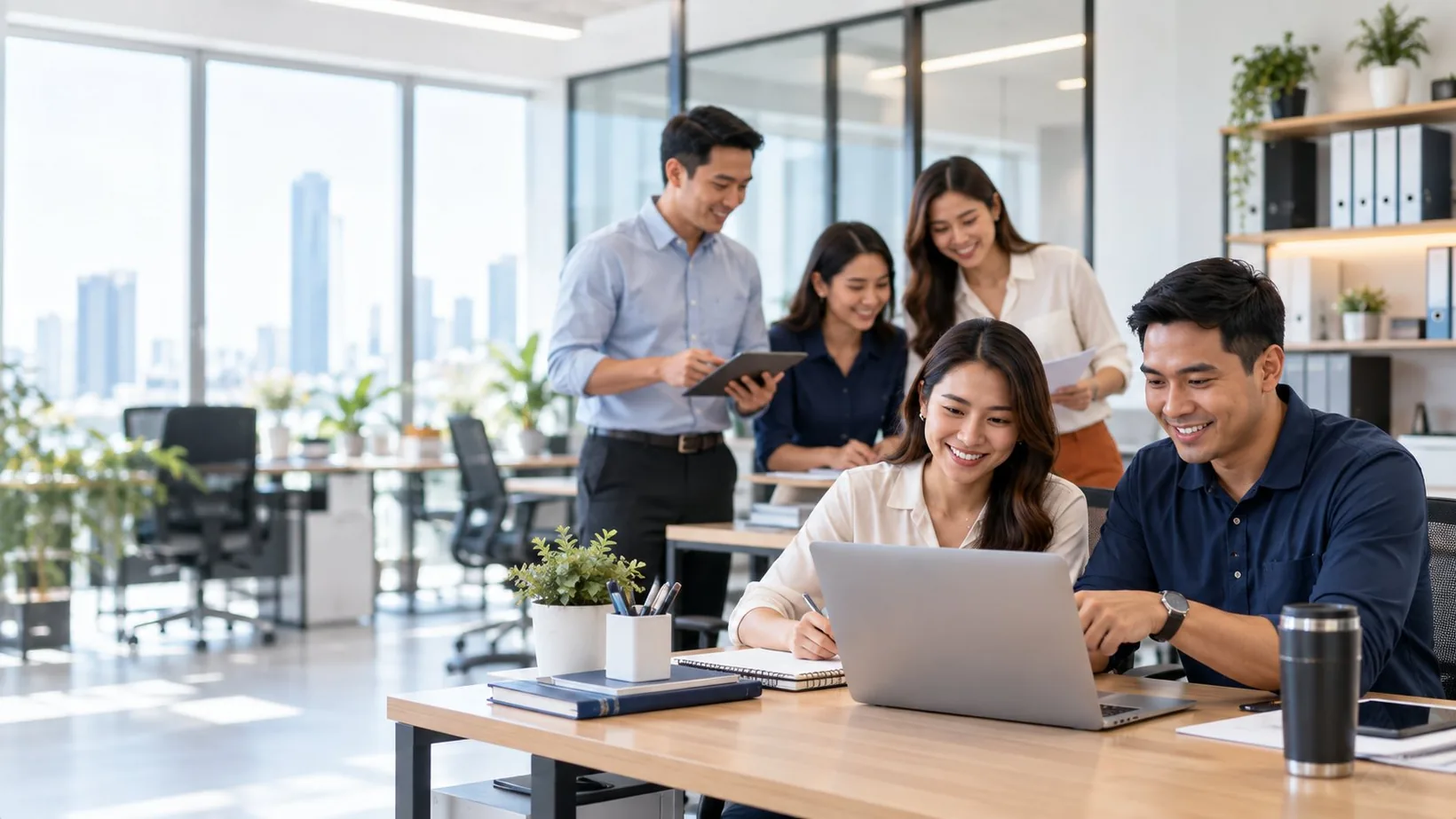 Operations team reviewing work together in a bright business office