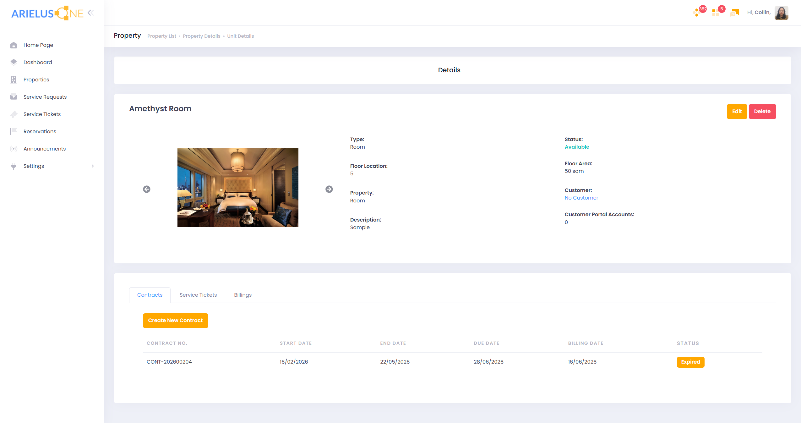 ArielusOne property unit record with contract details, billing dates, due dates, and status