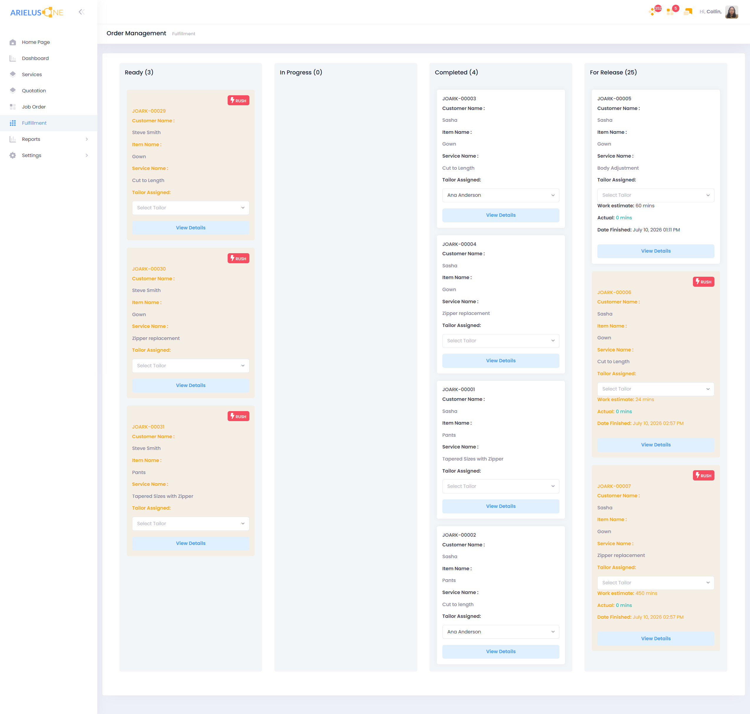 ArielusOne job-order fulfillment board with Ready, In Progress, Completed, and For Release columns