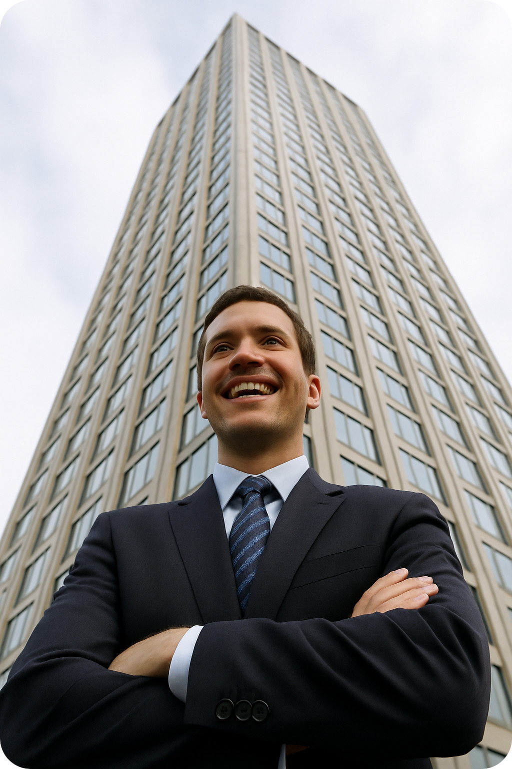 An image of a happy property manager in front of his commercial hi-rise building