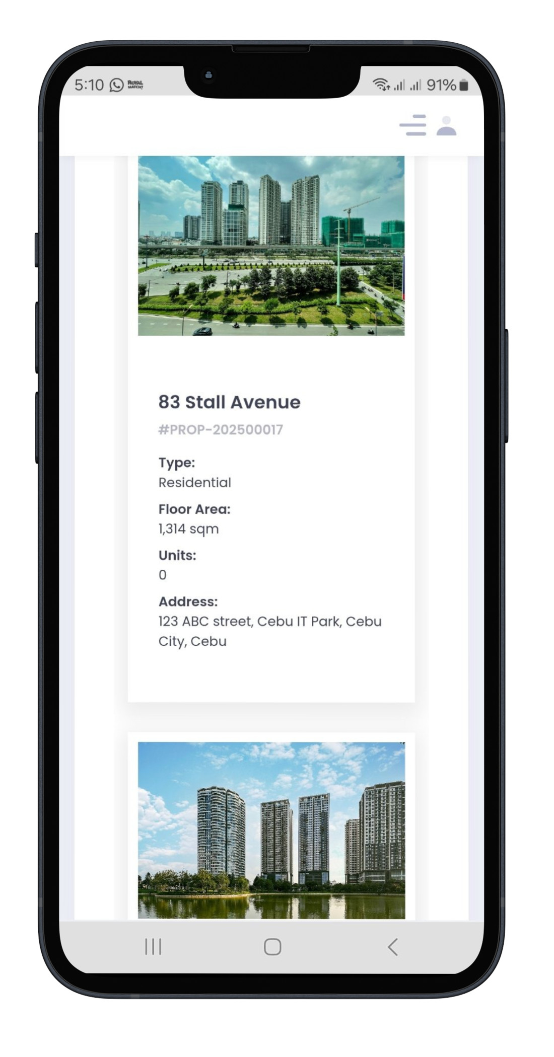 An image of mobile phone with arielusone enterprise property and rentals app
