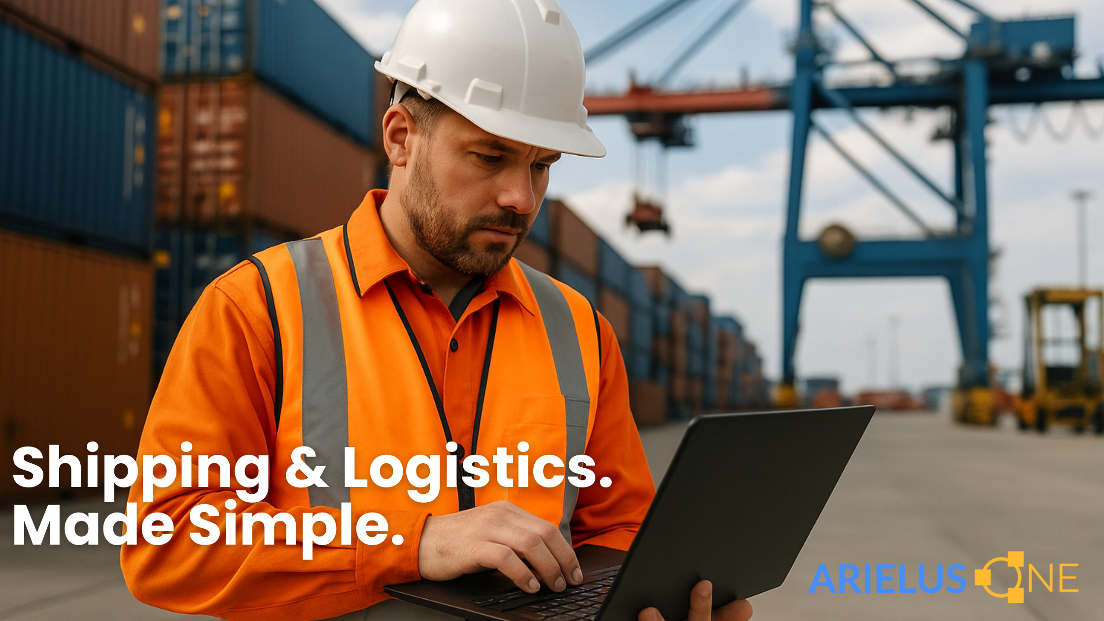 An image of a shipping manager in a shipping yard looking at a tablet on arielusone enterprise for shipping and logistics