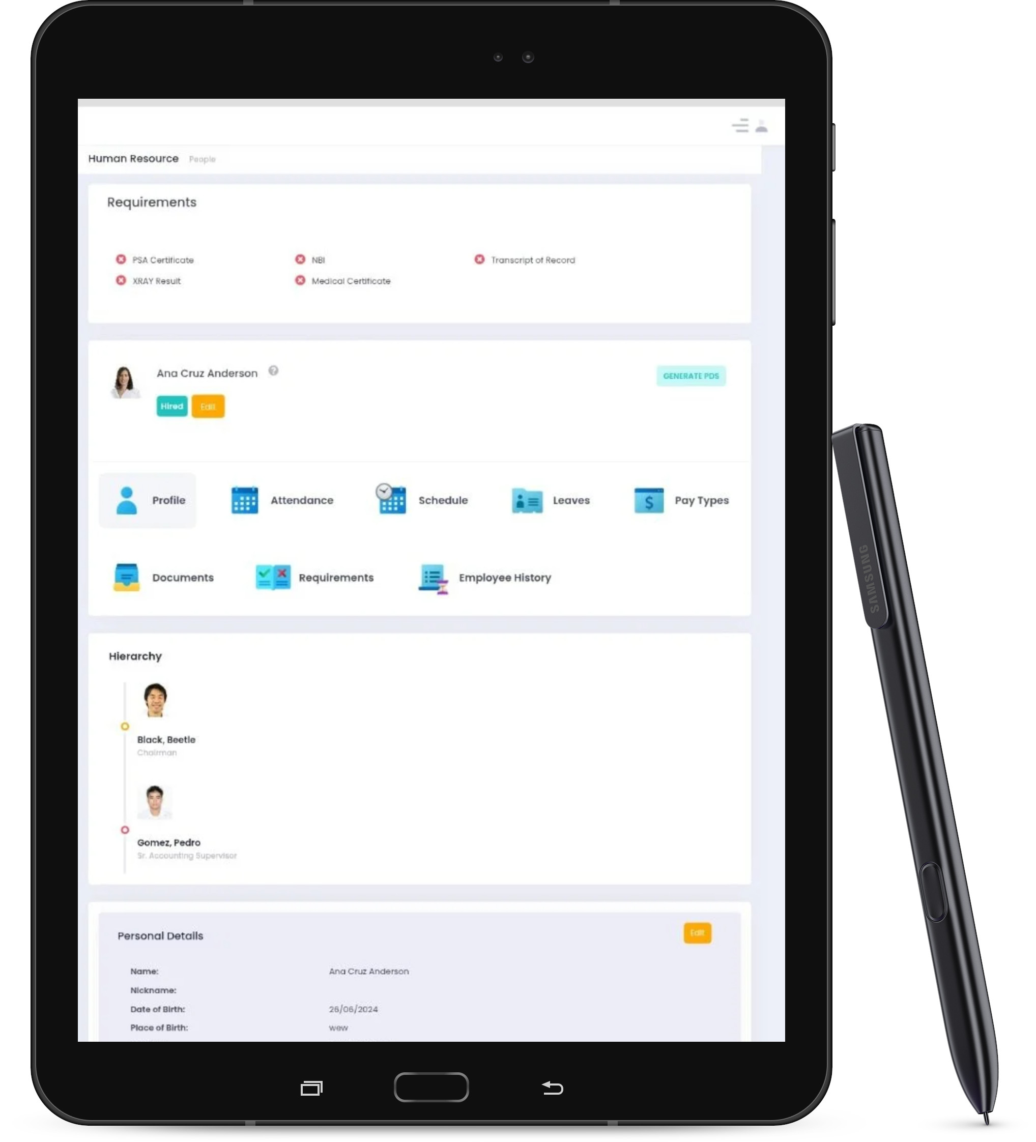 sample screenshot of ArielusHR on a tablet