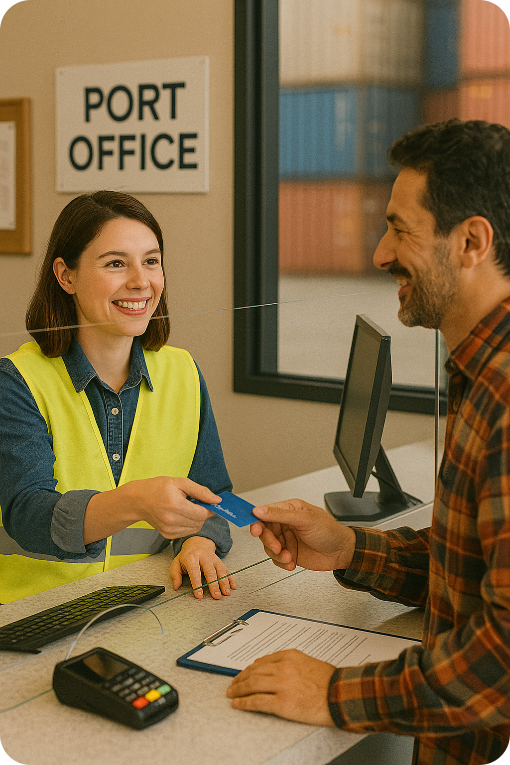 An image of a teller helping a customer in the shipping port office