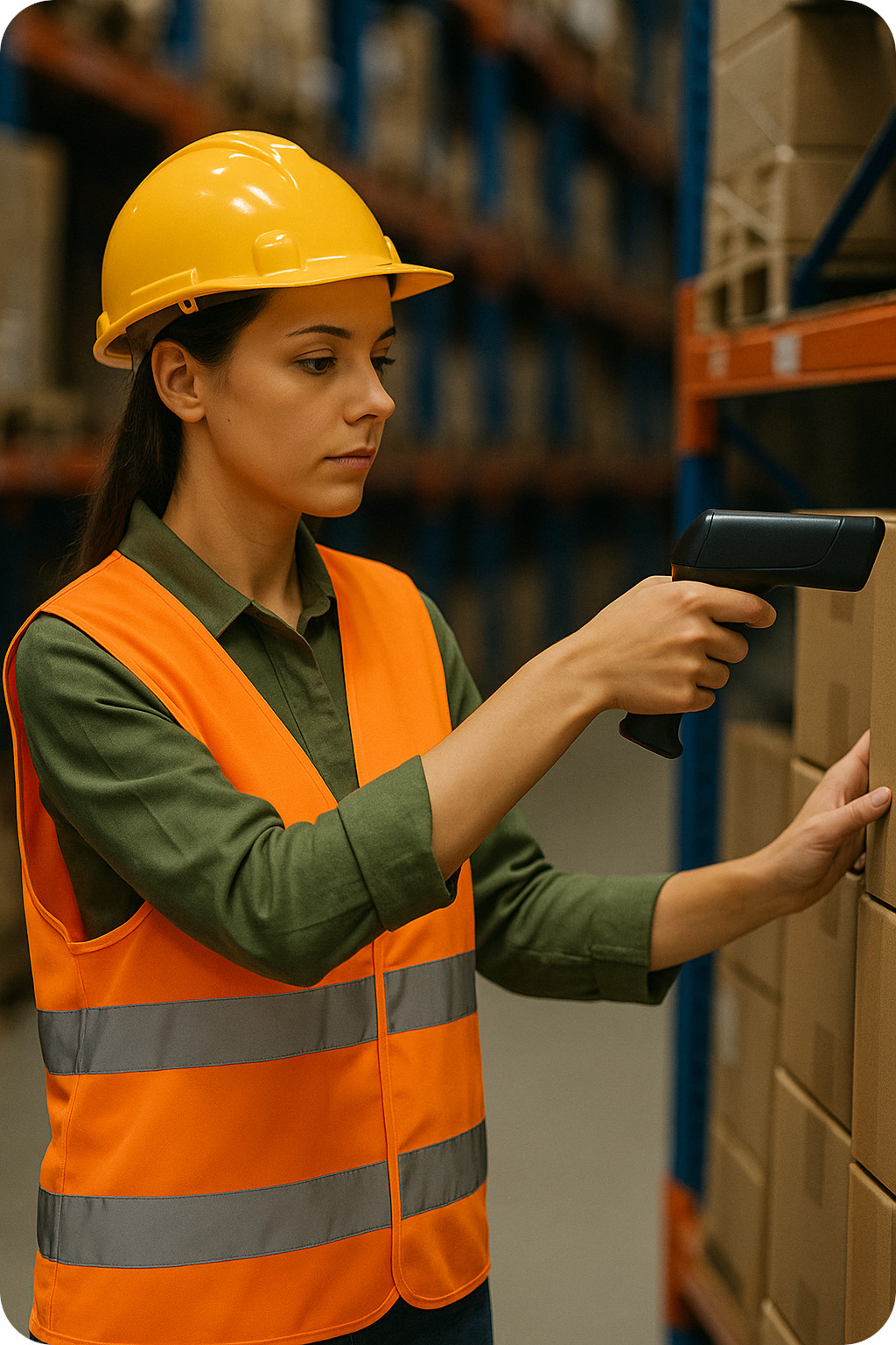 An image of a warehouse working taking inventory scanning boxes